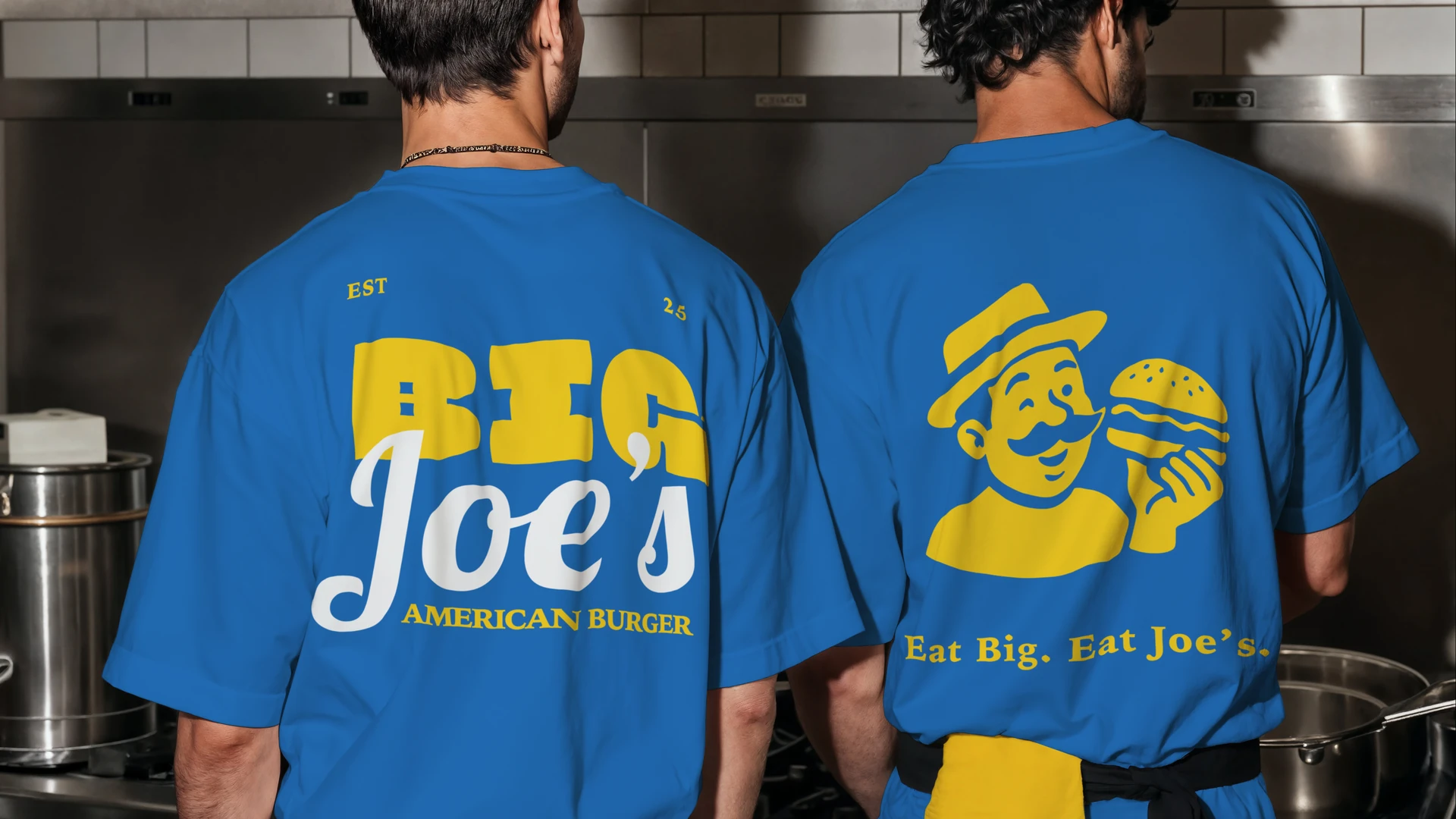 Case Big Joe's, hamburgueria: uniforme da cozinha com a marca e o mascote